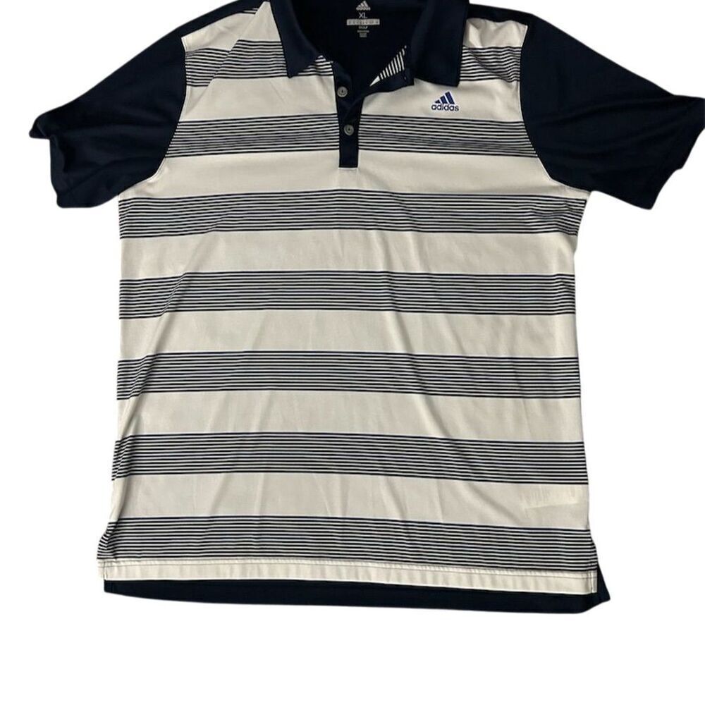 Adidas Men's XL Striped Golf Polo Shirt White/Navy Short Sleeve Casual